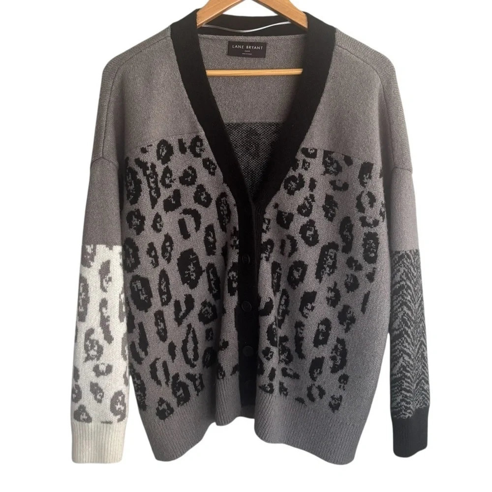 Lane Bryant Mixed Leopard Print Button Front Cardigan Gray Black Size 22/24